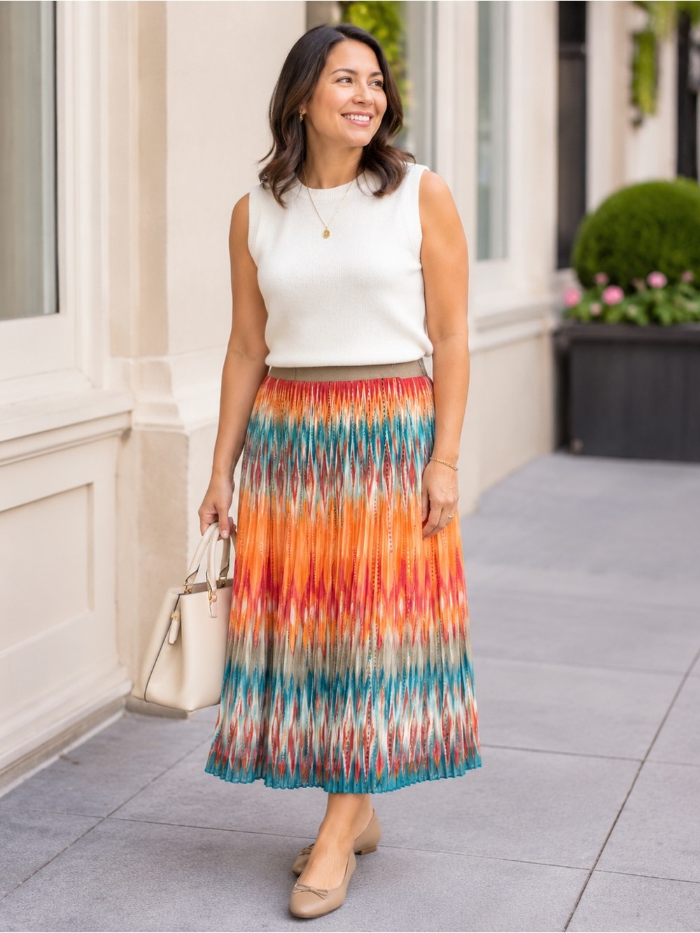 Ruby Rd. Women's Crinkle Lined Pleated Multicolor Midi A-Line Skirt 14 Petite
